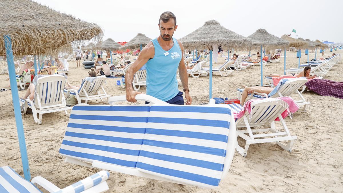 Un empleado coloca las hamacas en una playa.