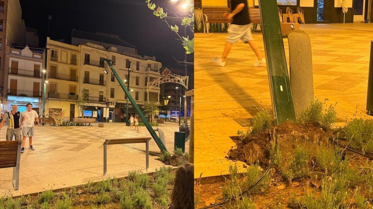 La farola que ha cedido en la plaza de la Concepció de Ontinyent.