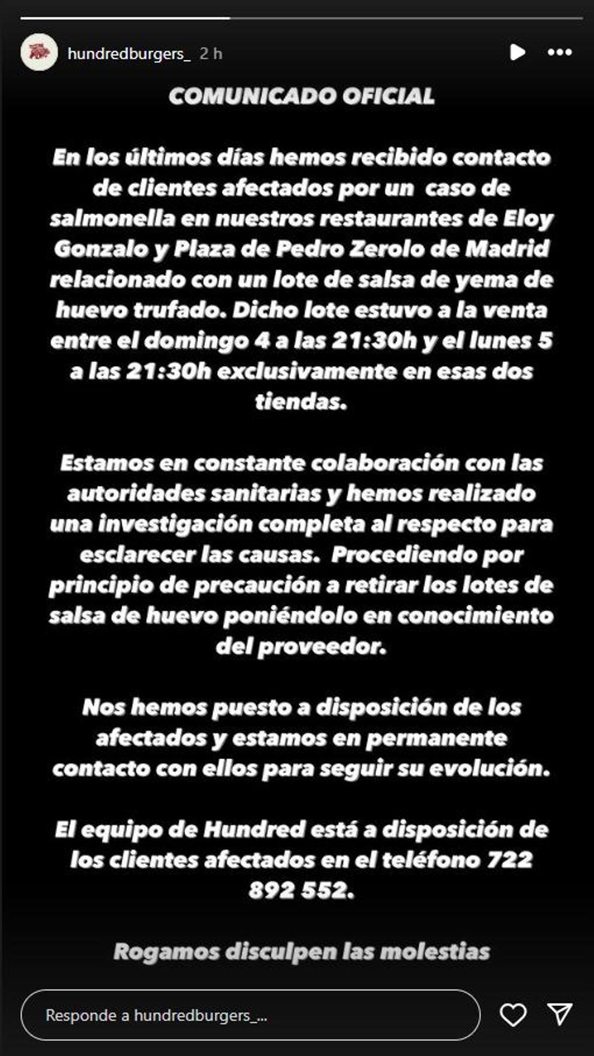 Mensaje en Instagram de la cadena de hamburgueserías después de detectar el brote de salmonela