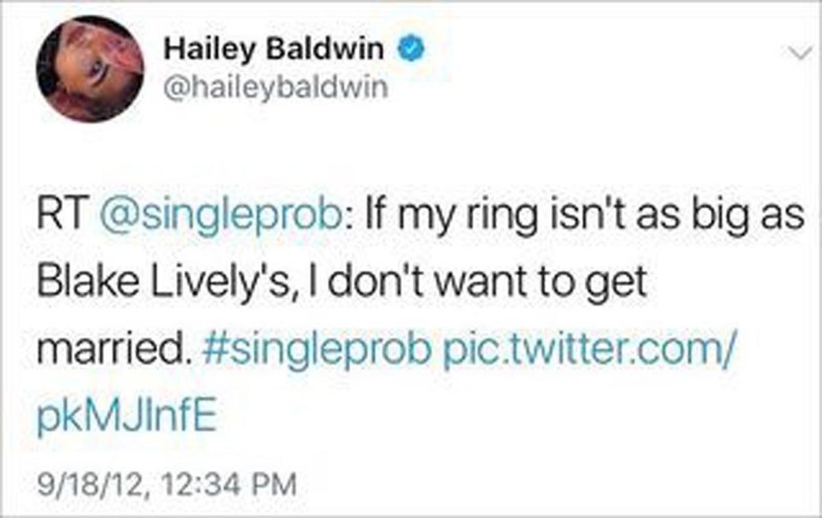 El tweet de Hailey Baldwin donde dice que quiere el mismo anillo que Blake Lively
