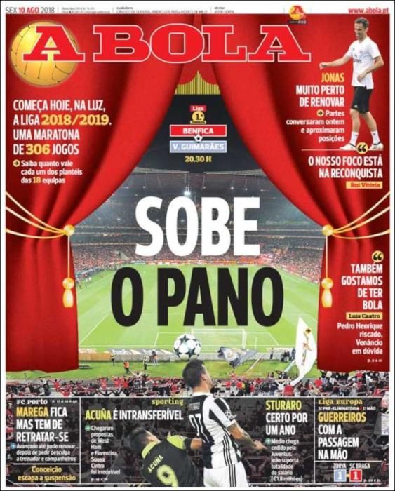 Portada A BOLA viernes 10 de agosto de 2018