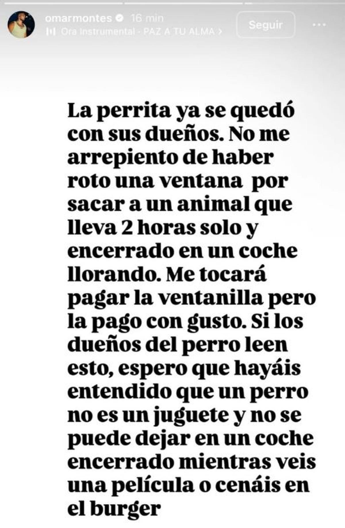 El comunicado de Omar Montes tras romper una ventanilla para sacar a un perro de un coche.