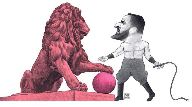 Ilustración de Santiago Abascal vestido de domador y encarándose a un león del Congreso de color PSOE con la bola de color Sumar.