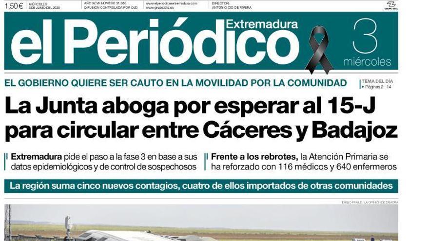 Esta es la portada de EL PERIÓDICO EXTREMADURA correspondiente al día 3 de junio del 2020