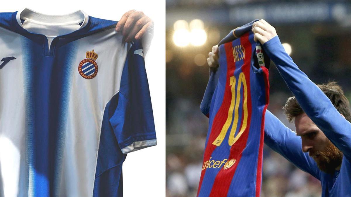 A la izquierda, el tuit del Espanyol. A la derecha, la celebración de Messi