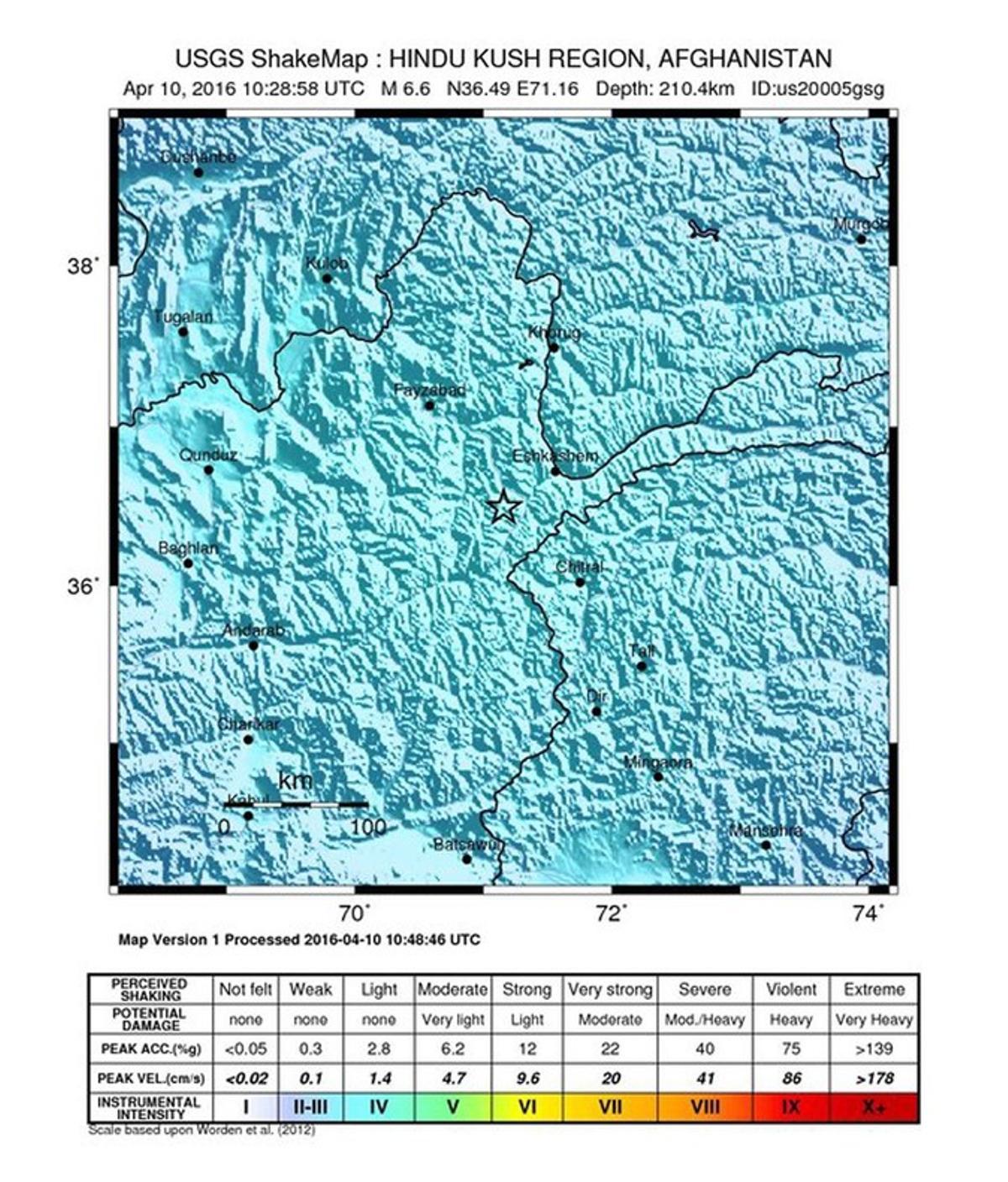 USGS102. --- (Afghanistan), 10/04/2016.- A shakemap provided by the US Geological Survey (USGS) on 10 April 2016 of a 6.6 magnitude earthquake (indicated by a star, C) detected in the Hindu Kush region in Afghanistan on 10 April 2016 at 10:28:58 UTC. The epicenter was described as being located some 39 kilometers west-south-west of Ashkasham, Afghanistan, in a depth of 210 kilometers. The tremor according to media reports was felt in neighboring Pakistan and even in India. (Afganistán, Terremoto/sismo) EFE/EPA/US GEOLOGICAL SURVEY/HANDOUT HANDOUT EDITORIAL USE ONLY