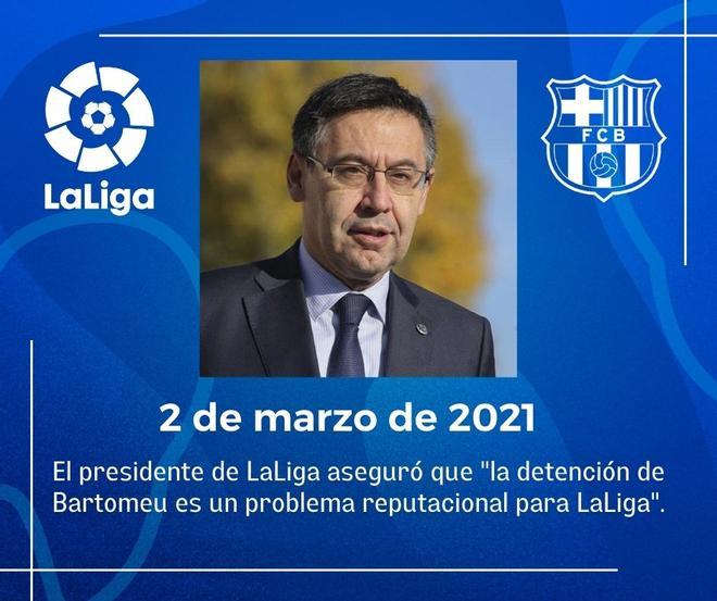 Tras pasar Josep Maria Bartomeu, presidente del FC Barcelona, la noche en prisión, el presidente de LaLiga aseguró que la detención de Bartomeu es un problema reputacional para LaLiga.