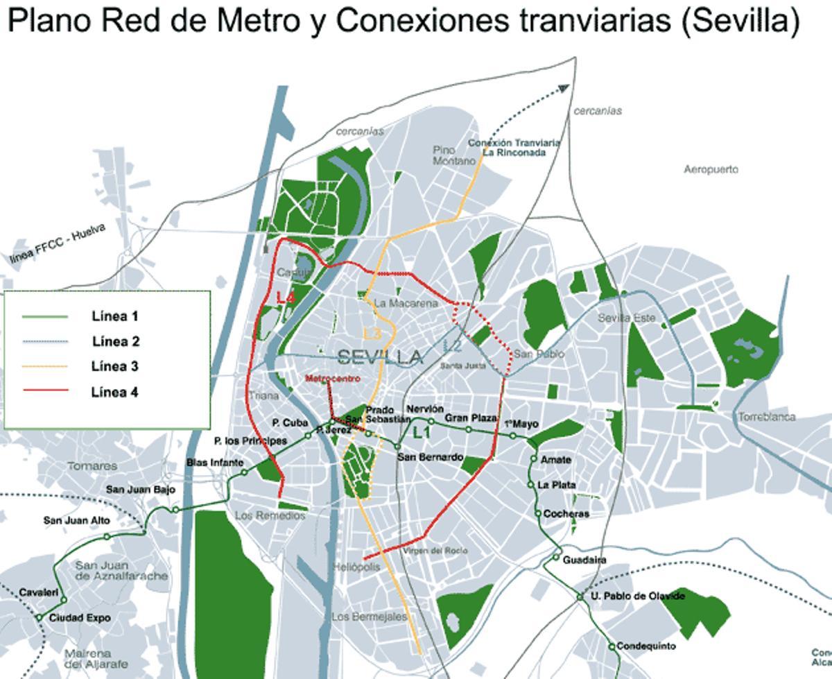Plano inicial planteado por la Junta antes de su construcción con las cuatro líneas de metro que tendría Sevilla