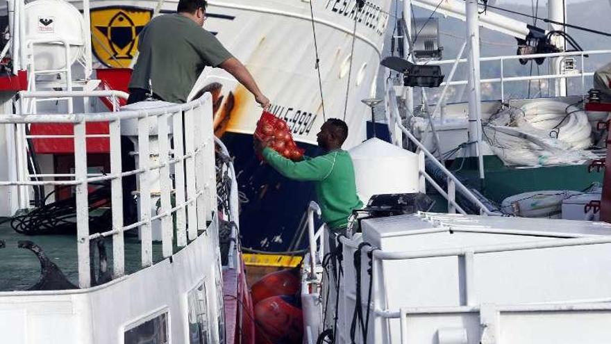 Marineros pasando provisiones a un barco de palangre. // Marta G. Brea