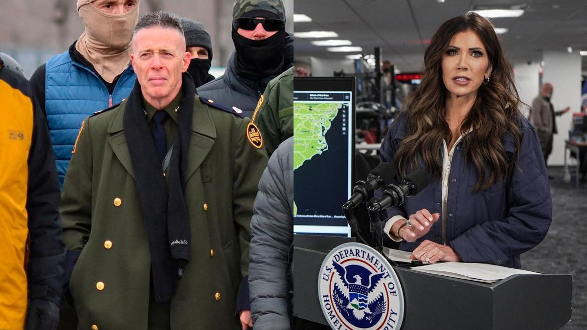 La secretaria de Seguridad Interio, Kristy Noem, y el alto cargo de la Patrulla Fronteriza al frente del operativo migratorio en Mineápolis, Greg Bovino.