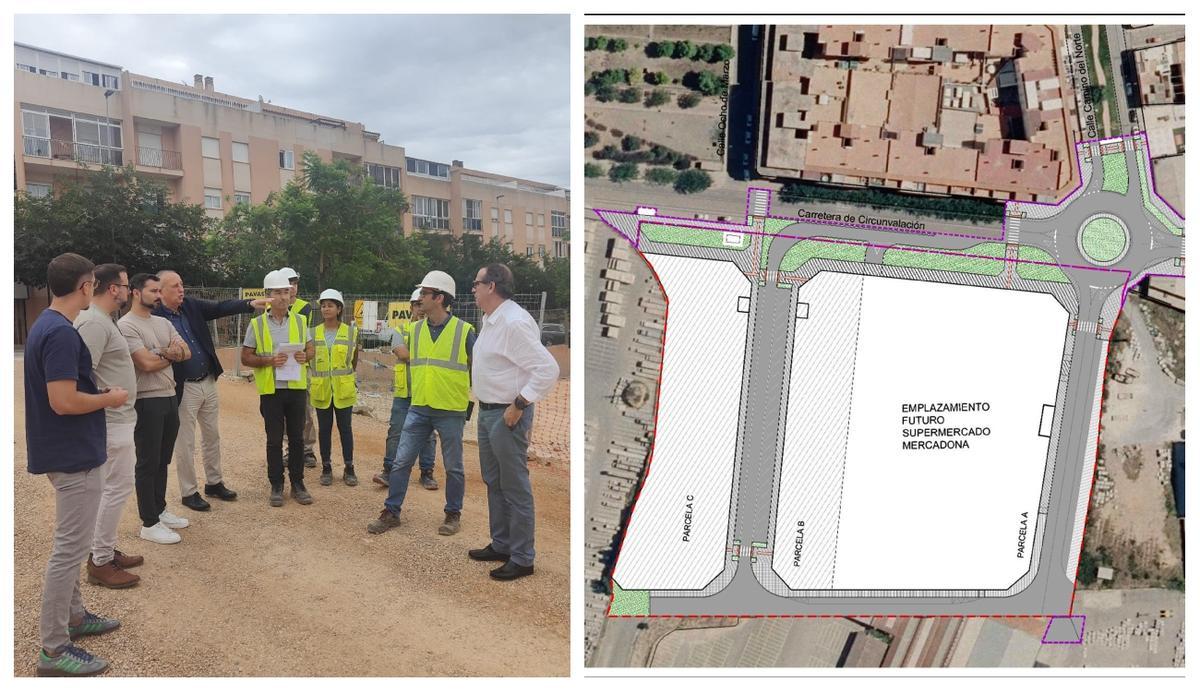 Foto de la visita de Fernando Roig a las obras de la futura zona comercial de l'Alcora y los planos del proyecto.