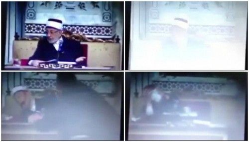 Serie de capturas de un video que muestra al sabio islamista Sheikh Said Ramadan al-Bouti sufriendo los efectos de una explosión durante su sermón en Damasco