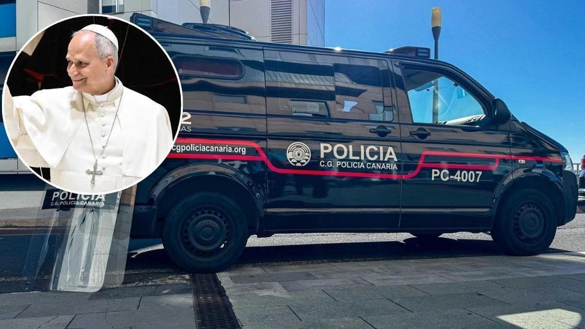 Un vehículo de la Policía Canaria con la imagen del papa sobrepuesta.