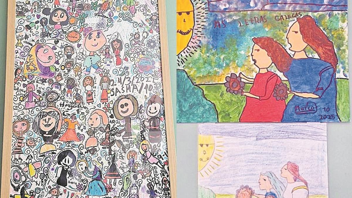 Obra que los chicos regalarán al Concello, a la izquierda, y dibujos de alumnos