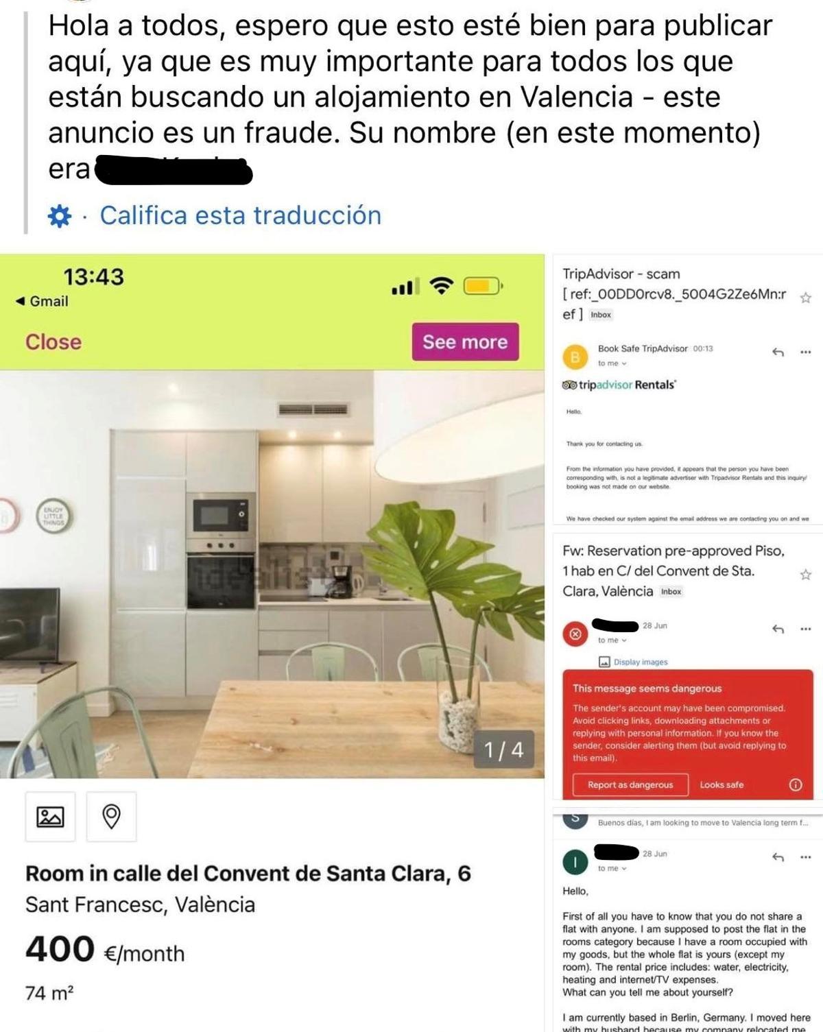 Una de las publicaciones en Facebook que advierte sobre la estafa de la arrendataria en Valencia
