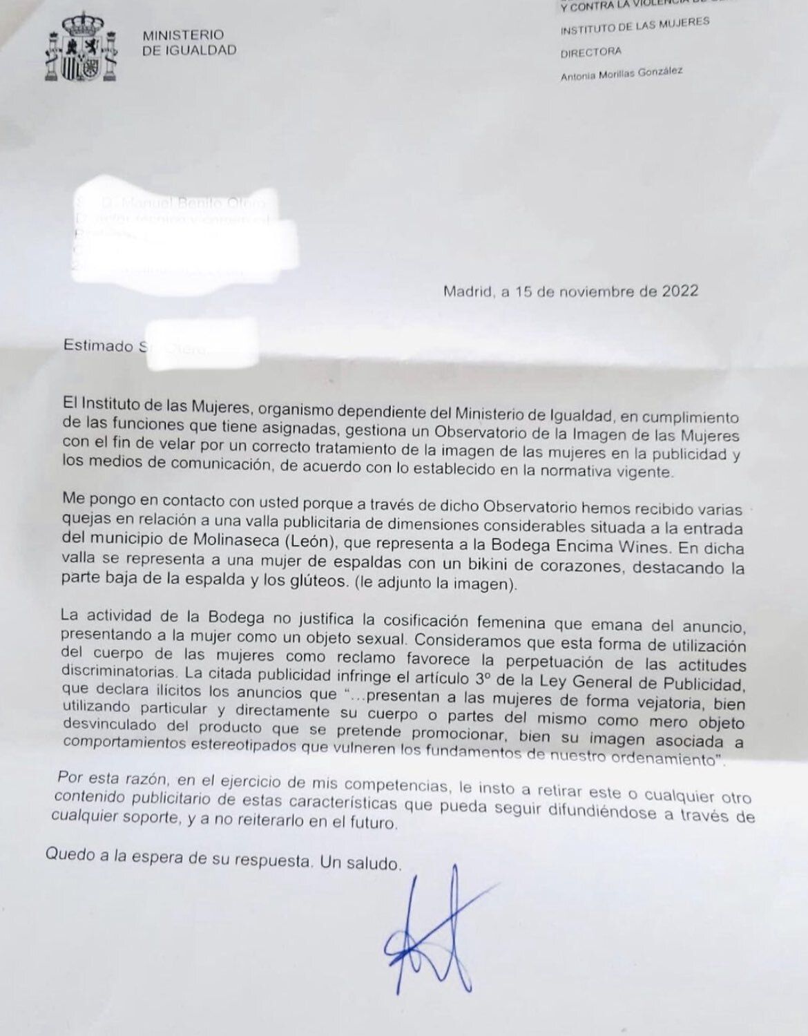 Carta del Instituto de las Mujeres a la Bodega