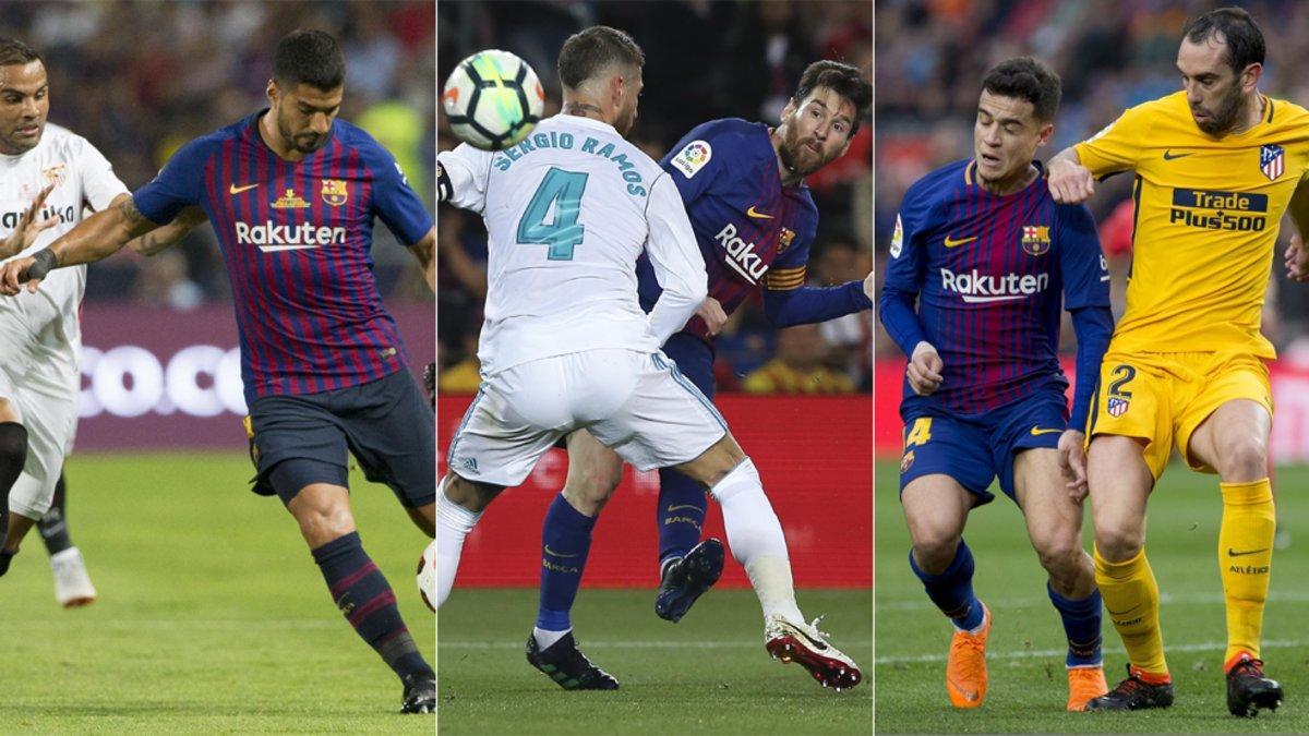 Luis Suárez, Leo Messi y Coutinho en los duelos de la Liga 2017/18 contra Sevilla, Real Madrid y Atlético, respectivamente