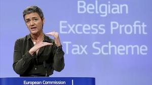 Margrethe Vestager, durante la rueda de prensa, ayer.