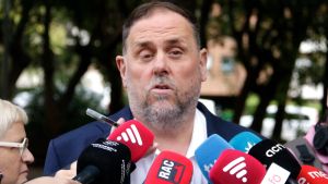 El president de ERC, Oriol Junqueras, este lunes en declaraciones a los periodistas.