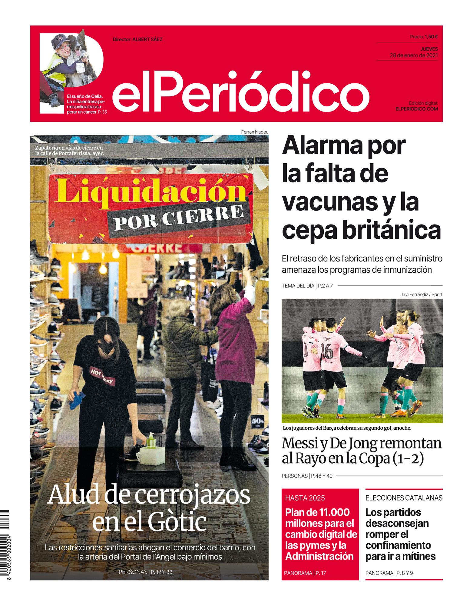 La portada de EL PERIÓDICO del 28 de enero de 2021