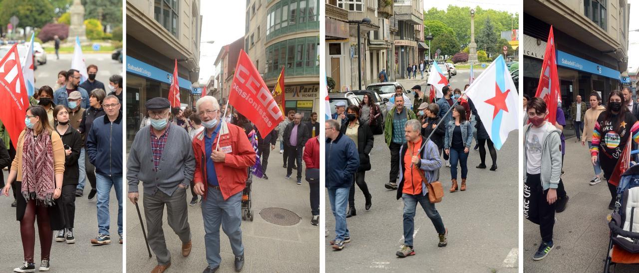 Diferentes momentos de las movilizaciones organizadas por CIG, CC OO y UGT, ayer, en Vilagarcía.