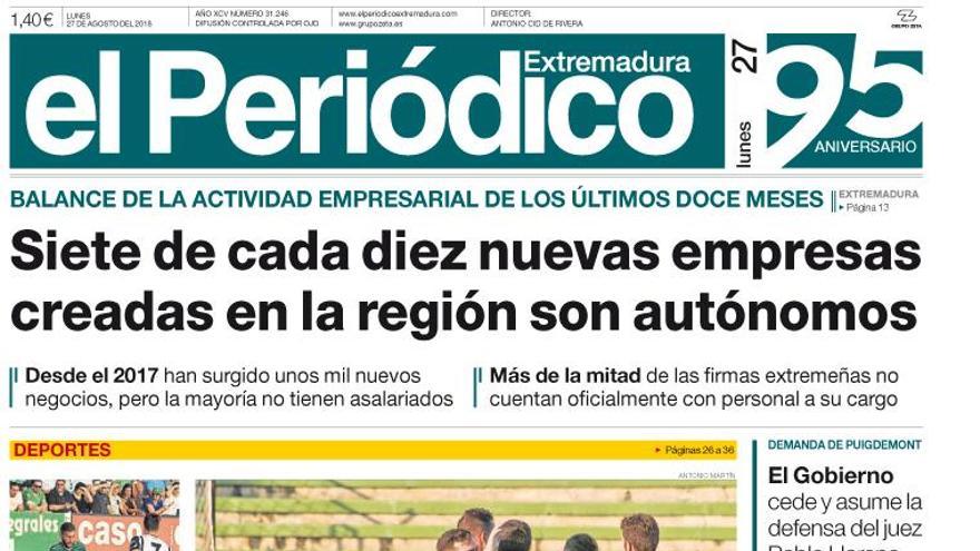 Esta es la portada de EL PERIÓDICO EXTREMADURA correspondiente al día 27 de agosto del 2018