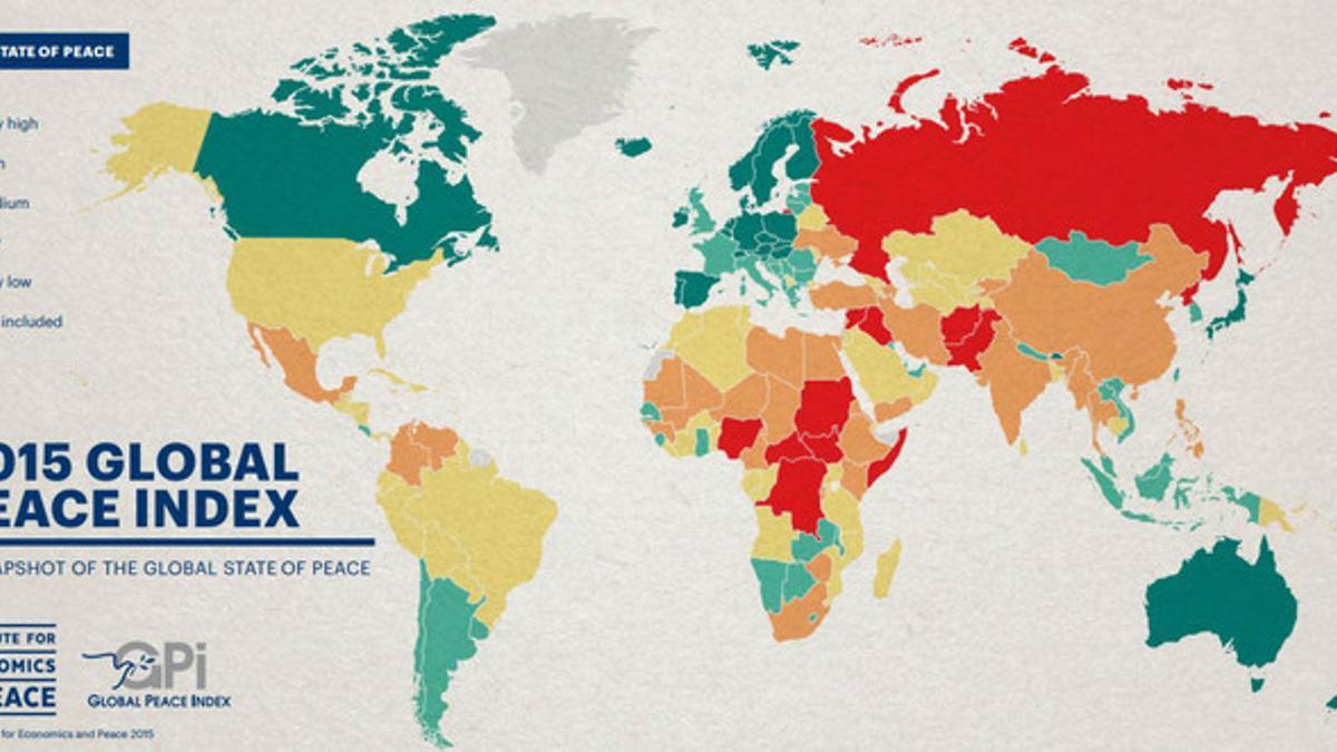 Mapa sobre los países más pacíficos y los más conflictivos del mundo.