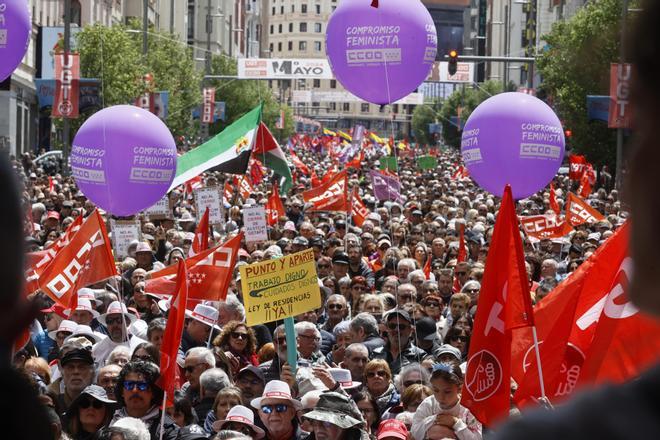 Manifestación convocada por los dos grandes sindicatos, CCOO y UGT, este miércoles en Madrid, en un Primero de Mayo que tiene como lema Por el pleno empleo: reducir jornada, mejorar salarios.