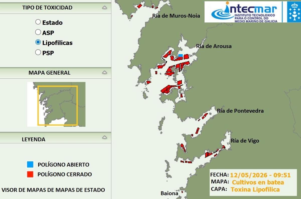 Mapa en el que se aprecia el cierre generalizado de polígonos mejilloneros en las Rías Baixas.