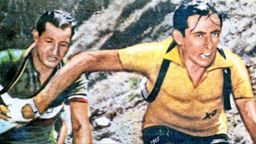 Coppi, de amarillo, y Bartali.