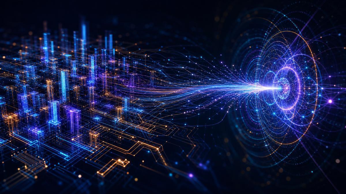 Ilustración conceptual de una base de datos híbrida: la computación cuántica se plantea como acelerador para resolver complejos problemas de optimización en los sistemas de datos.