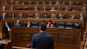 El presidente del Gobierno, Pedro Sánchez, interviene durante una sesión de control al Gobierno.