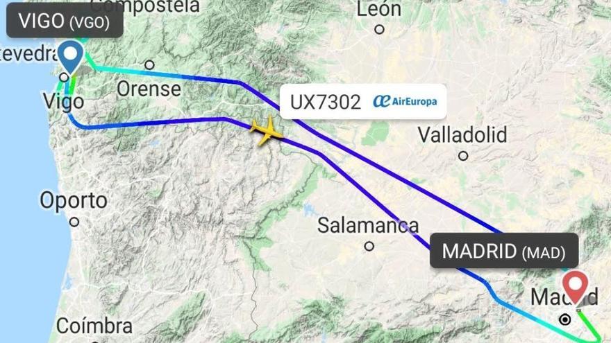 Trayecto realizado por el Air Europa Madrid-Vigo que ha regresado a Barajas. // Flightradar24