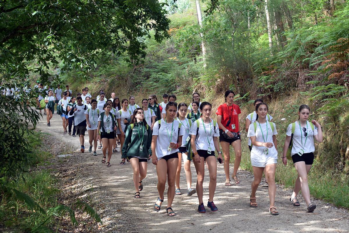Los 200 participantes de la Ruta Quetzal en uno de los tramos del Camiño Portugués.
