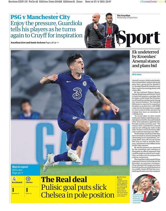 La portada de The Guardian Sport del 28/04/21