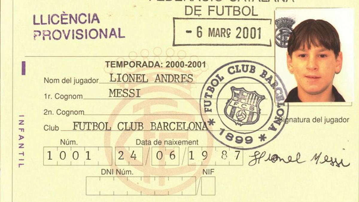 La primera ficha federativa de Messi.