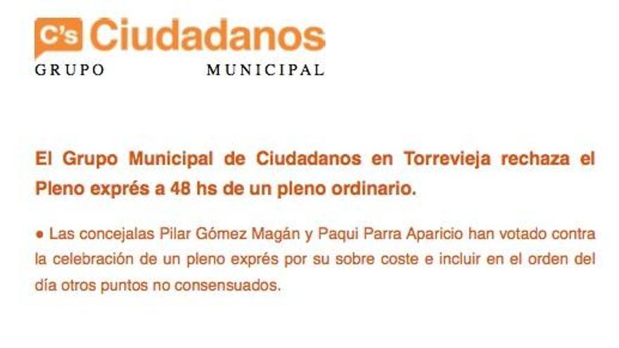 Comunicado de Ciudadanos sobre su decisión de ayer en el pleno de Torrevieja