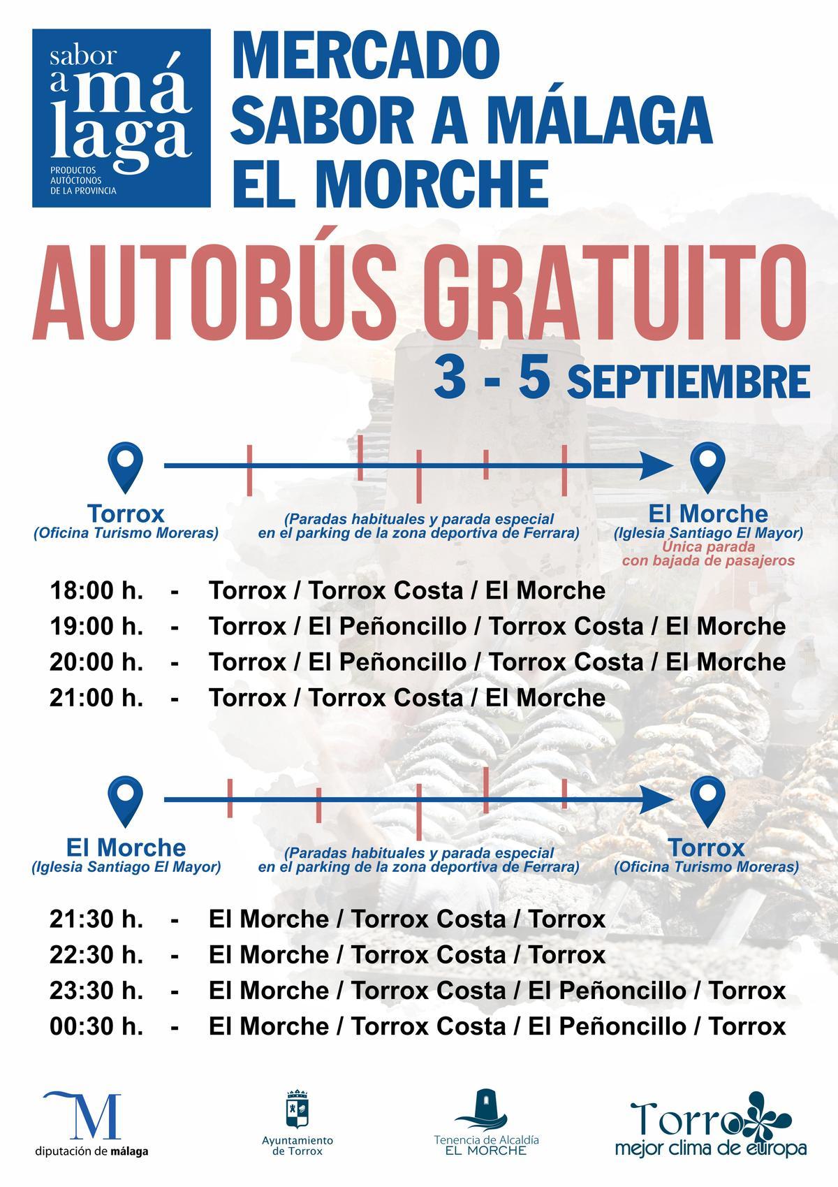 Horarios de los autobuses gratuitos para el mercado Sabor a Málaga de El Morche.