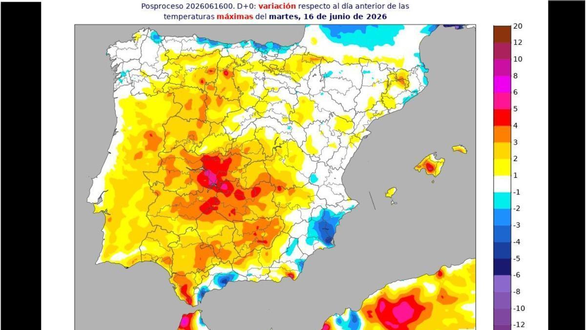 Variación de las temperaturas máximas en España hoy martes, 16 de junio.