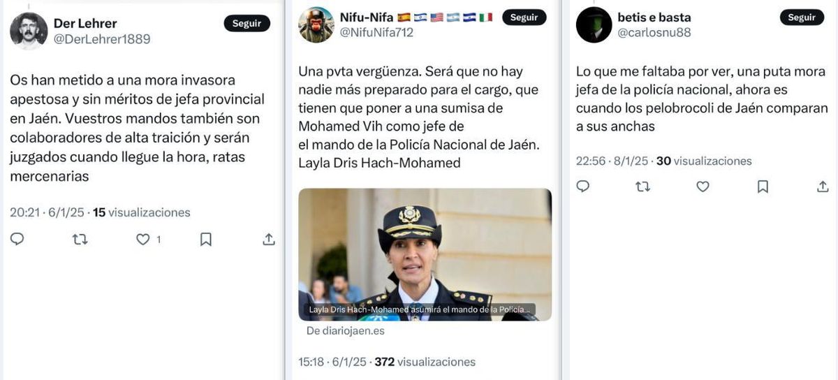 Algunos de los mensajes xenófobos emitidos contra la comisaria Dris