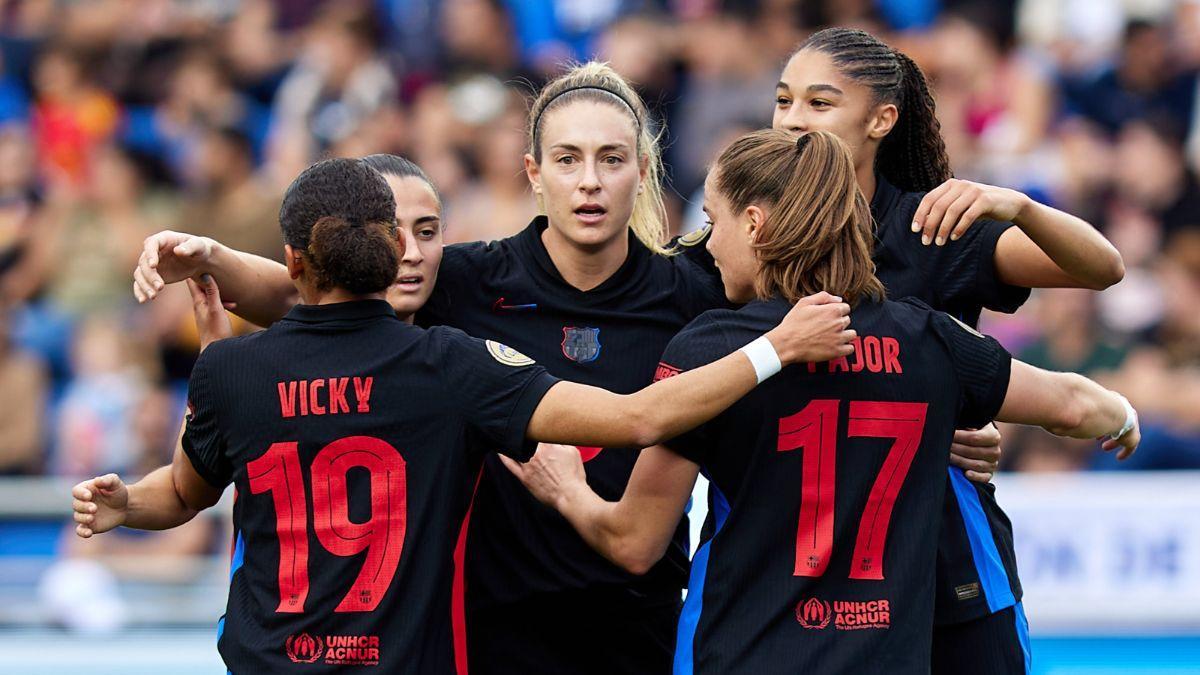 Las jugadoras del Barça celebran el gol de Alexia en Tenerife