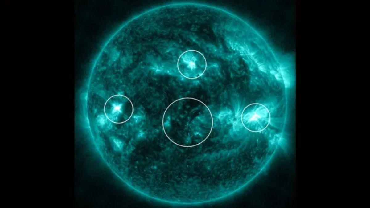 Las llamaradas solares estallaron casi simultáneamente en cuatro regiones distintas del Sol el 23 de abril.