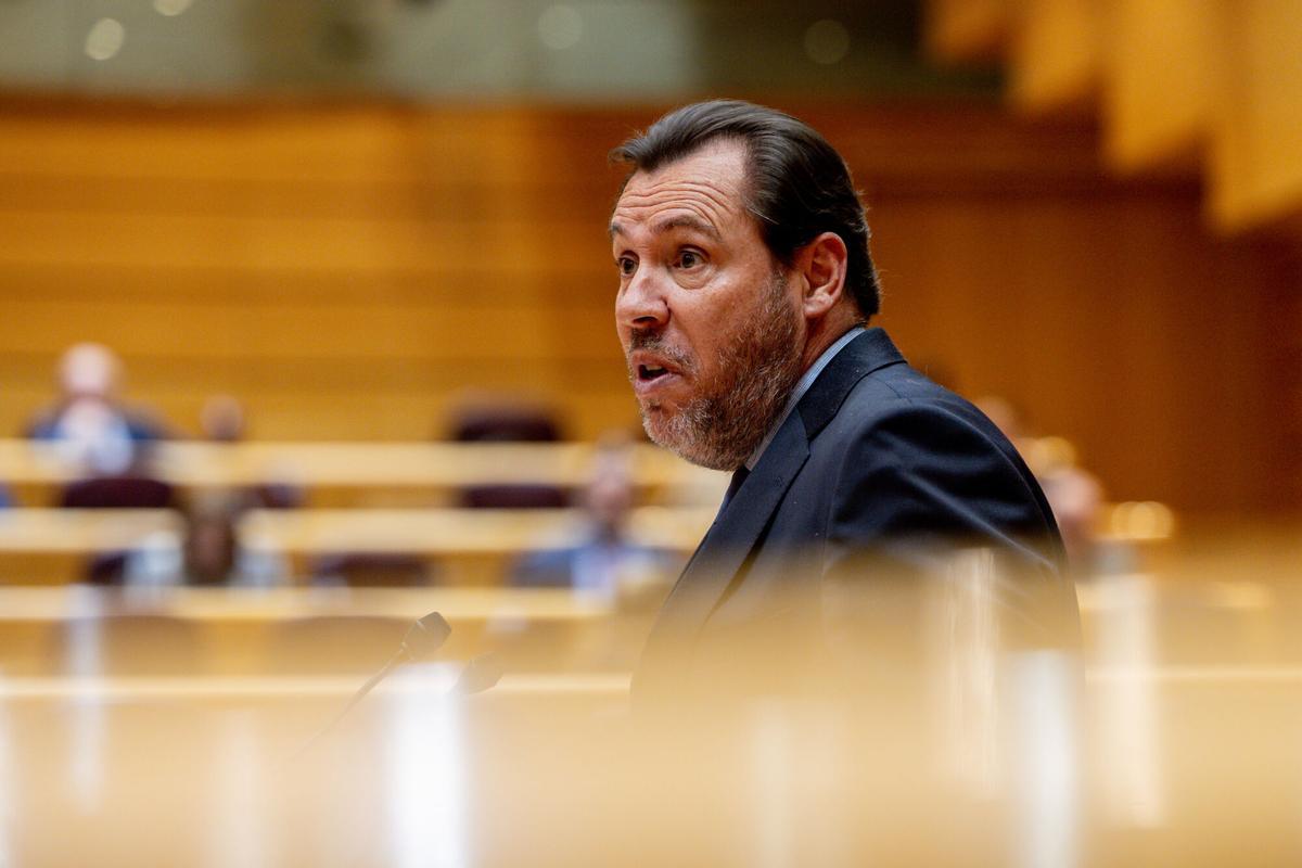 El ministro de Transportes y Movilidad Sostenible, Óscar Puente, interviene durante una sesión de control al Gobierno, en el Senado