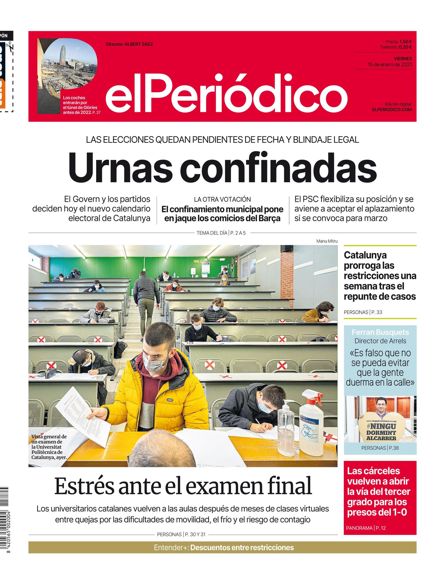 La portada de EL PERIÓDICO del 15 de enero del 2021