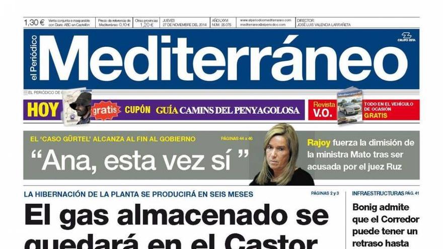 La dimisión de la ministra Mato, en la portada de Mediterráneo