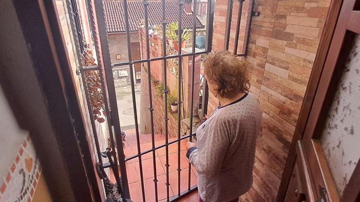 La vecina que ha sufrido los robos en su casa de Sueros, junto a la verja de seguridad que ha instalado.