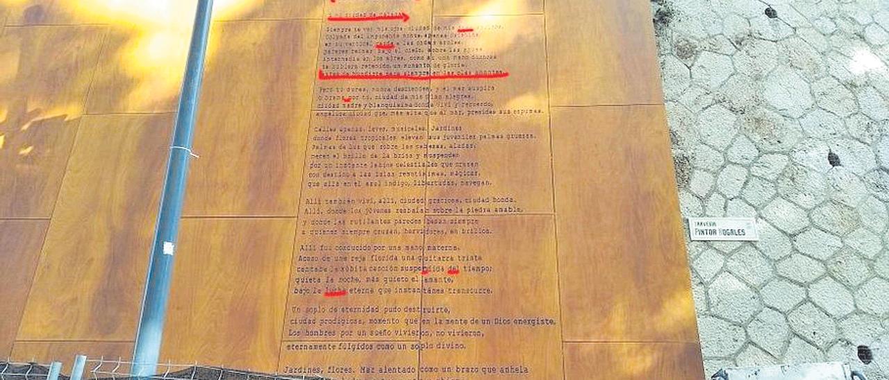 En rojo, fallos en la transcripción del poema de Aleixandre en Pintor Nogales, en la primera versión de 2020.