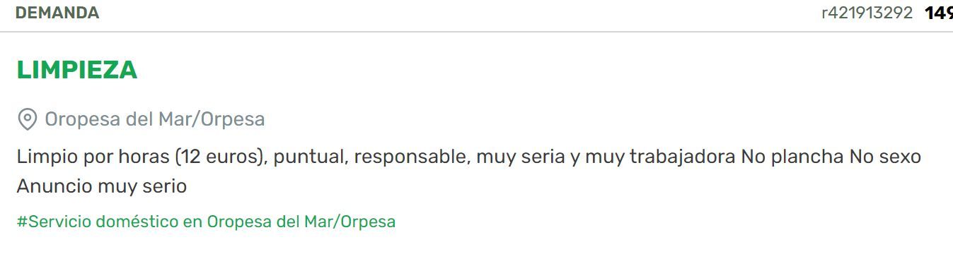 Anuncio publicado en una conocida web de anuncios ubicado en Orpesa.