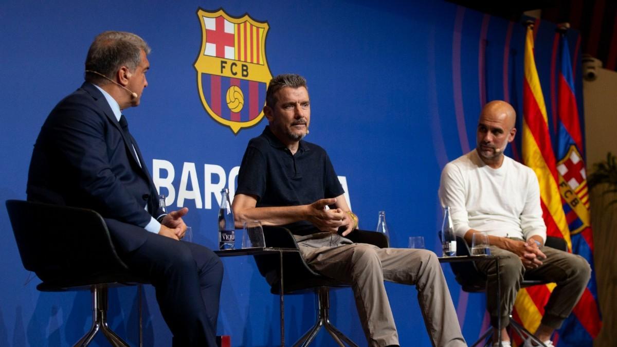 Laporta y Guardiola presentan, junto a Unzué, el amistoso Barça-City