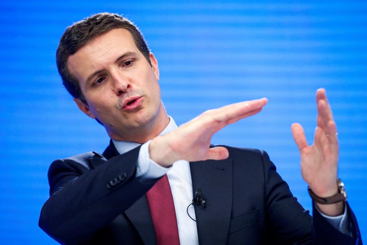 GRAF9330. MADRID, 27/05/2019.- El presidente nacional del PP, Pablo Casado, durante la rueda de prensa posterior a la reunión del Comité Ejecutivo Nacional celebrada este lunes en la sede del partido, en Madrid. EFE/Emilio Naranjo